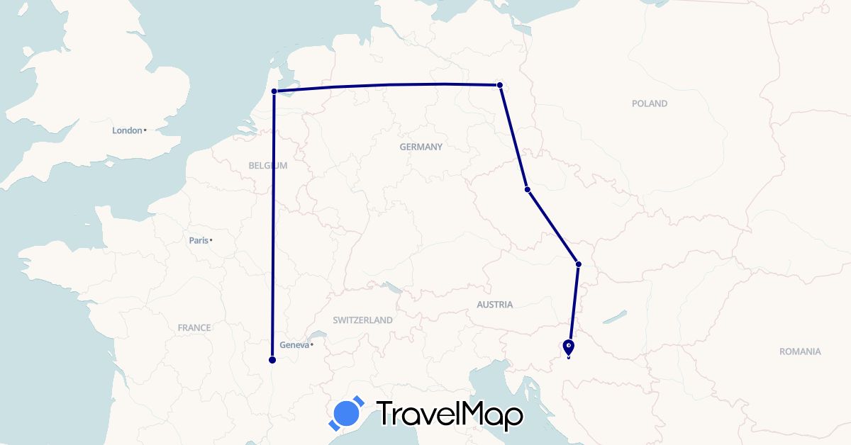TravelMap itinerary: driving in Austria, Czech Republic, Germany, France, Croatia, Netherlands (Europe)